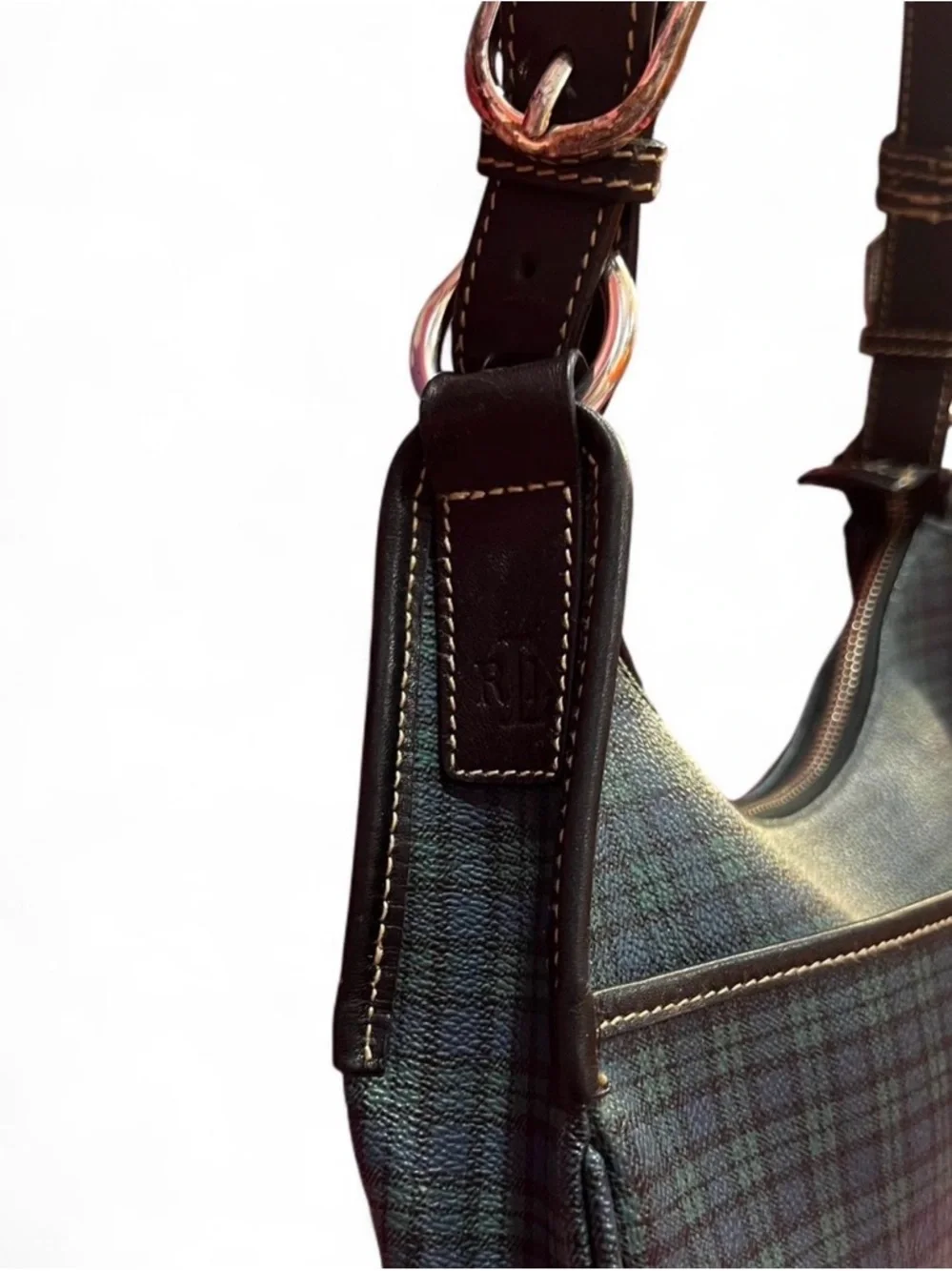 Vintage Ralph Lauren Plaid Leather Hobo Shoulder Bag Old Money Preppy - Picture 4 of 7